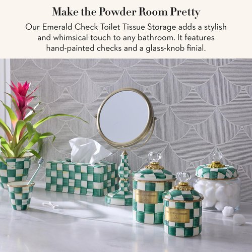 MACKENZIE-CHILDS Enamel Toilet Tissue Storage, Decorative Toilet-Paper Holder Stand for Bathroom, Green-and-White Emerald Check
