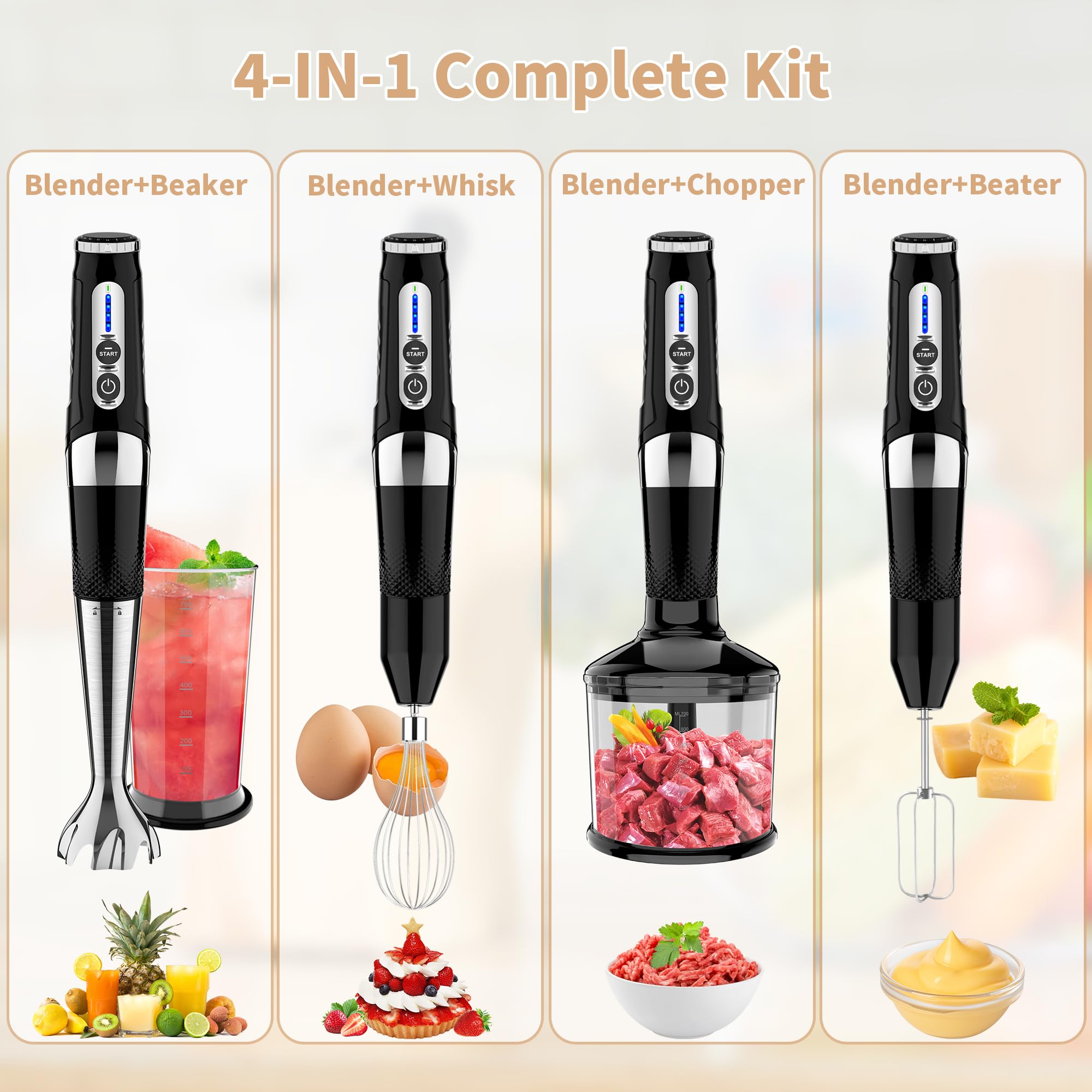 Toogel Cordless Immersion Blender, 3-in-1 Electric Hand Blender with 21-Speed & 3-Angle Adjust, USB Rechargeable, BPA-Free & Dishwasher Safe for Baby Food, Smoothies, Soup (Black)