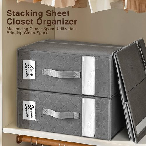 Homsorout Bed Sheet Organizers - Foldable Linen Storage with Window & Labels | XL Grey 6-Pack for Bedding
