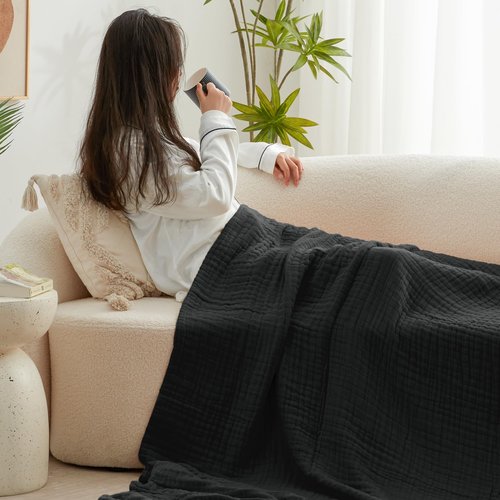 Love's cabin 100% Cotton Muslin Blanket, 6 Layer Lightweight Breathable Gauze King Size Blanket 108 x 90 Inches, Soft Summer Blanket for Bed, Black
