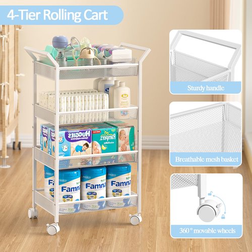Baby Diaper Caddy Cart, 4-Tier Diaper Caddy Organizer and Storage, Rolling Utility Cart for Baby Supplies, Diaper Cart with Wheels for Bedroom, Nursery, Changing Table, White