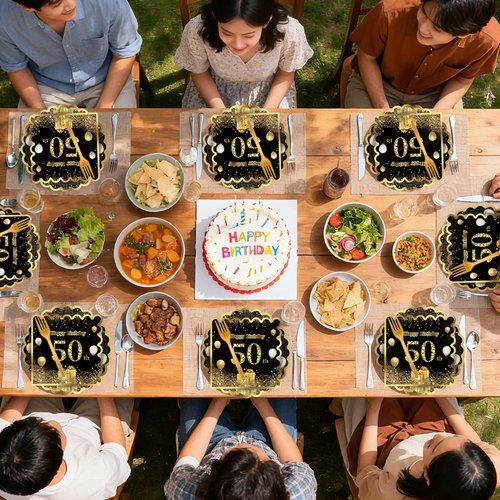 60 Pcs 50th Birthday Decorations Black gold Paper Plates and Napkins Forks Party Tableware for Men Women Birthday Party Decorations,Serve 20
