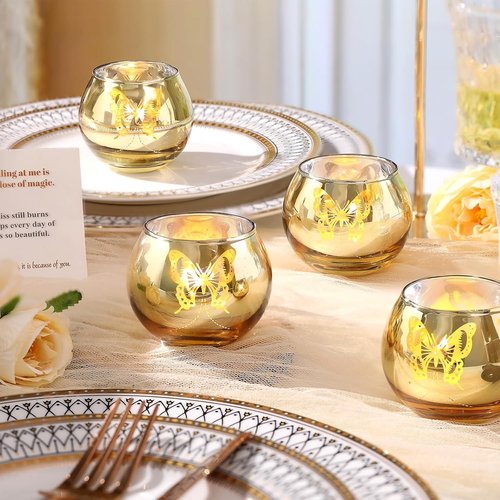 Gold Votive Candle Holders Set - 12 PCS Decorative Tea Light Holders with Butterfly Pattern for Events & Holidays