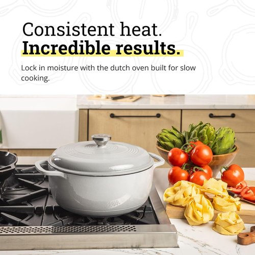 Lodge Enamel Cast Iron Dutch Oven - Ideal for Baking, Braising & Slow Cooking - 6 Quart - Oyster White