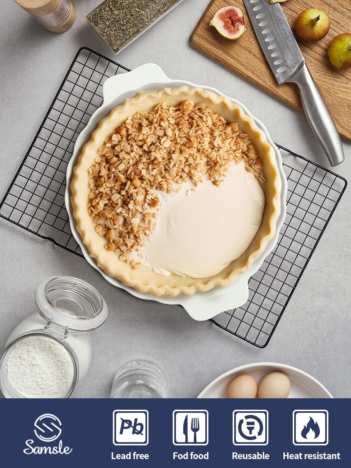 Samsle Ceramic Pie Pan - 13-Inch Round Baking Dish with Double Handles | Ruffled Edge, Oven Safe