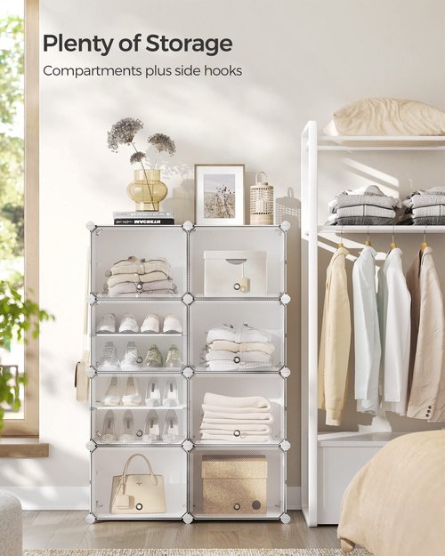 SONGMICS Shoe Rack Organizer, 8-Tier Shoe Storage Cabinet for Closet and Entryway, Holds 32 Pairs of Shoes, Adjustable, Cloud White and Trasparent ULPC034W01