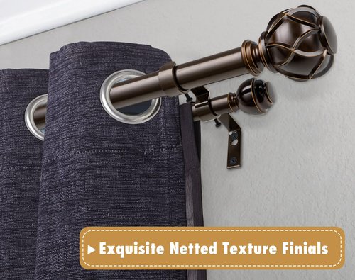 KAMANINA 1 Inch Double Curtain Rods 66 to 120 Inches (5.5-10 Feet) Telescoping Heavy Duty Drapery Rod for Windows 54 to 115, Netted Texture Finials, Antique Bronze