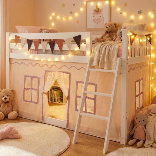 Breling 3 Panel Bunk Bed Curtains for Bottom Loft Bed Tent Set with Felt Flag Double-Layer Twin Bunk Curtains Playhouse Accessories for Boy Girl Bedroom(Cream)