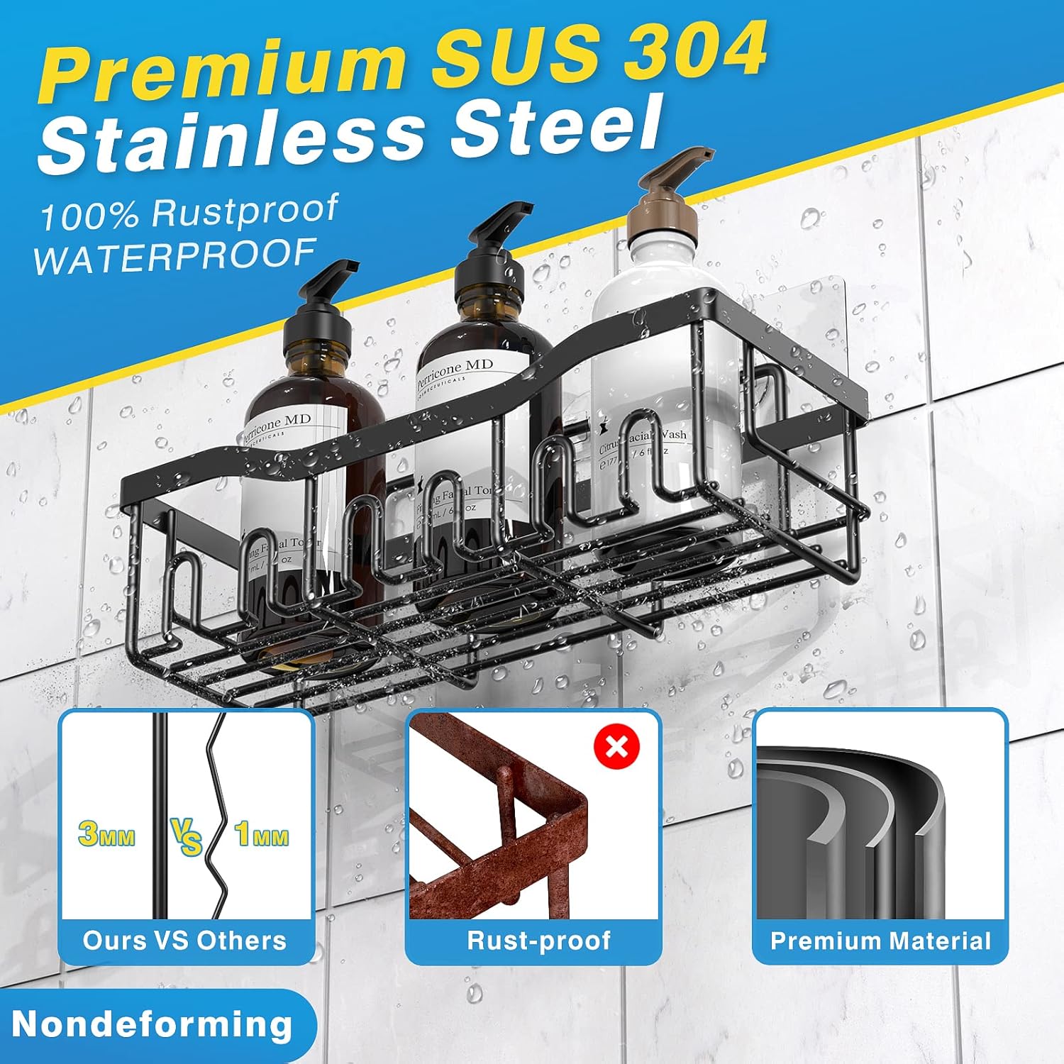 Skiennix Shower Caddy - Adhesive Bathroom Organizer with Large Capacity | Rustproof Stainless Steel, No Drilling