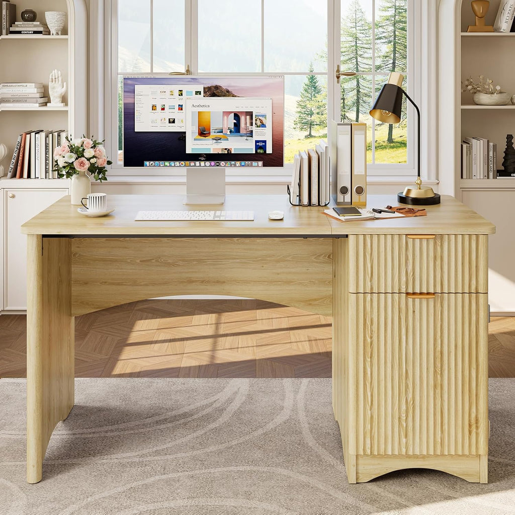 Bestier 47-Inch Fluted Computer Desk - Modern Wood Office Desk with Drawer & Storage Cabinet in Natural Oak