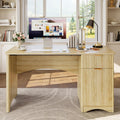 Bestier 47-Inch Fluted Computer Desk - Modern Wood Office Desk with Drawer & Storage Cabinet in Natural Oak