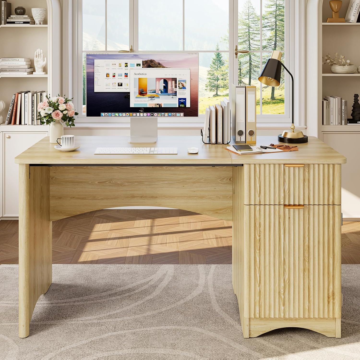 Bestier 47-Inch Fluted Computer Desk - Modern Wood Office Desk with Drawer & Storage Cabinet in Natural Oak
