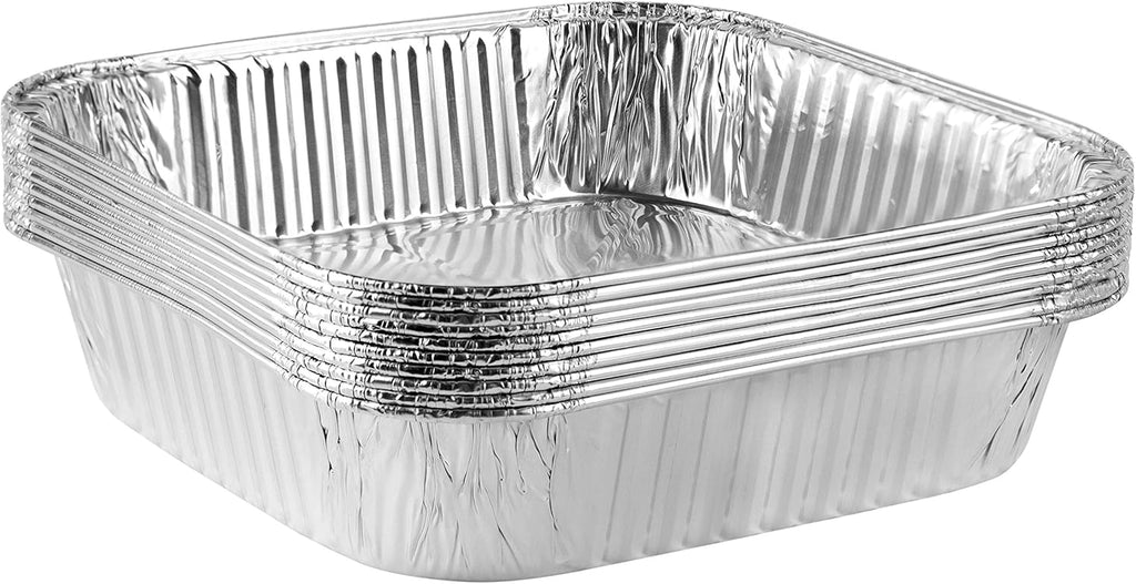 PLASTICPRO Disposable Aluminum Baking Pans - 8'' Square Foil Cookware for Cakes & Meatloaf | Pack of 10