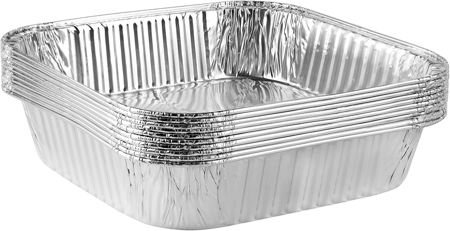 PLASTICPRO Disposable Aluminum Baking Pans - 8'' Square Foil Cookware for Cakes & Meatloaf | Pack of 10
