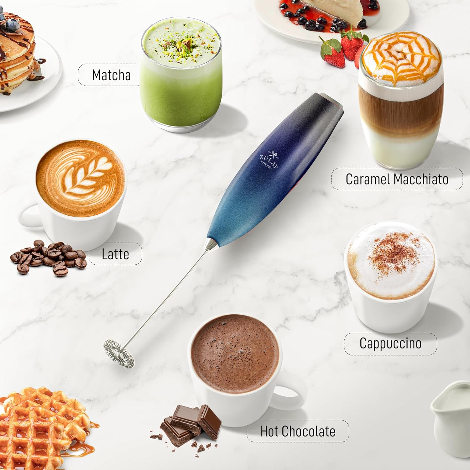 Zulay Kitchen Milk Frother Handheld Electric Whisk with AA Duracell Batteries – Durable Drink Mixer for Coffee, Lattes, Cappuccinos & More - Deep Sea