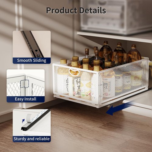 AmzAge 2 Pack Pull Out Cabinet Organizer, No Drill Adhesive Sliding Drawers for Kitchen, Metal Mesh Wire Storage Shelf for Pantry & Under Sink, White (9.6" W x 11.8" D x 3.9" H)