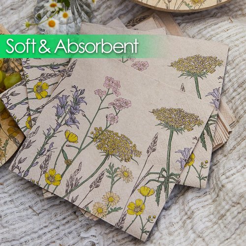 Table Kind 100 x Soft Recycled Floral Napkins Wildflower Soft Paper Napkins Pretty Wild Flower Serviettes for Spring Eco Friendly, Everyday & Compostable Weddings, Tea Party, Birthday Natural Kraft
