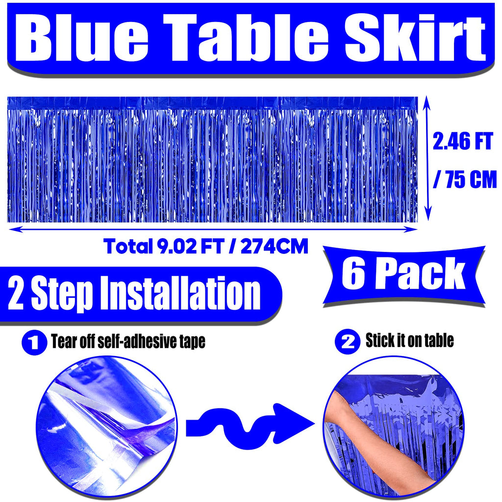 6 Pack 29x108 Inch Metallic Foil Fringe Tinsel Table Skirts Banner for Rectangle Tables Streamer Garland Curtains Backdrop for Wedding, Birthday, Parade Floats, Christmas Party Decoration(Blue)