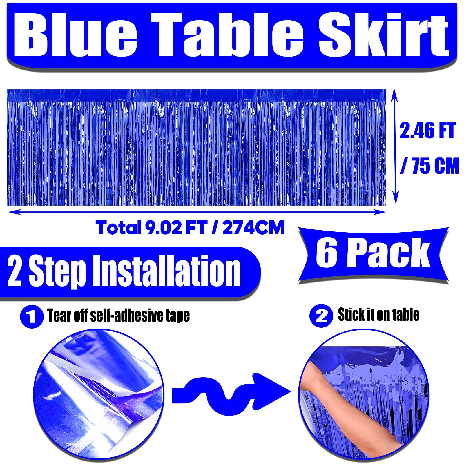 6 Pack 29x108 Inch Metallic Foil Fringe Tinsel Table Skirts Banner for Rectangle Tables Streamer Garland Curtains Backdrop for Wedding, Birthday, Parade Floats, Christmas Party Decoration(Blue)