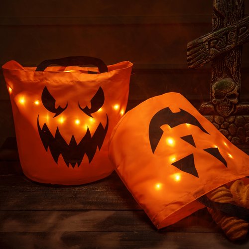 JOYIN 3 PCS Halloween Candy Pumpkin Buckets, 10.2 x 11.8 LED Light Trick or Treat Buckets, Orange Reusable Goody Treat Baskets for Kids Polyester Bags, Halloween Birthday Party Favor Supplies