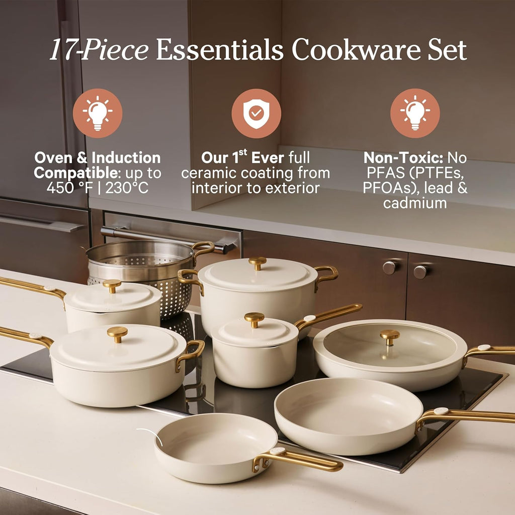 Our Place 17-Piece Complete Cookware Set - Nonstick Ceramic Fry Pans, Saucepans & Stock Pot | Oven Safe to 450°F | Cream