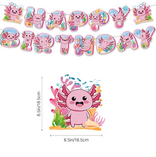 114Pcs Axolotl Birthday Party Supplies Include Happy Birthday Banner-Backdrop-Balloons-Cake Topper-Cupcake Toppers-Tableware-Plates-Napkins-Cups-Cutlery-Tablecloth for Axolotl Party Decorations