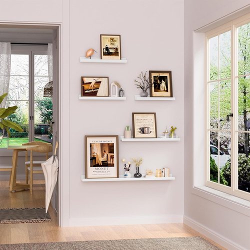 Heimlove 16-Inch Picture Ledge Shelf Set of 8 - White Floating Wall Shelves for Living Room & Nursery