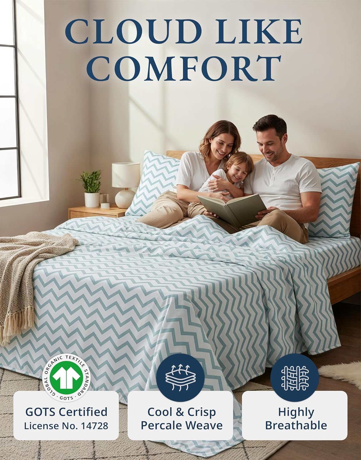 **LANE LINEN 100% Organic Cotton Twin Bed Sheets - Naturally Cooling, Deep Pocket, Eco-Friendly Chevron Design**