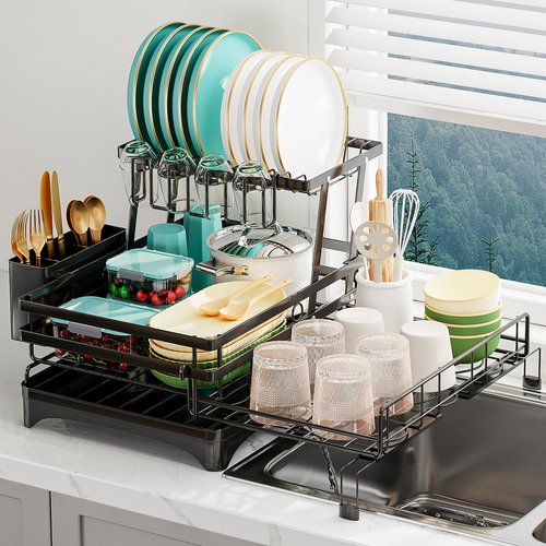 HANLE 2 Tier Dish Drying Rack - Large Extendable Dish Rack, 2-in-1 Anti-Rust Stainless Steel Dishrack for Kitchen Counter and Sink, Dish Strainer with Utensil Holder & Cup Holder(Black)