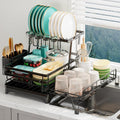 HANLE 2 Tier Dish Drying Rack - Large Extendable Dish Rack, 2-in-1 Anti-Rust Stainless Steel Dishrack for Kitchen Counter and Sink, Dish Strainer with Utensil Holder & Cup Holder(Black)
