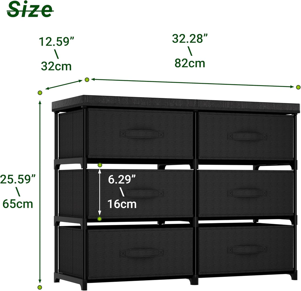 PPN Dresser - 6 Fabric Drawer Storage Cabinet for Living Room & Bedroom - Sturdy Metal Frame, Black