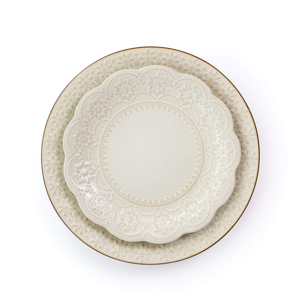 Elama Embossed Scalloped Stoneware Dinnerware Dish Set, 16 Piece, Ivory