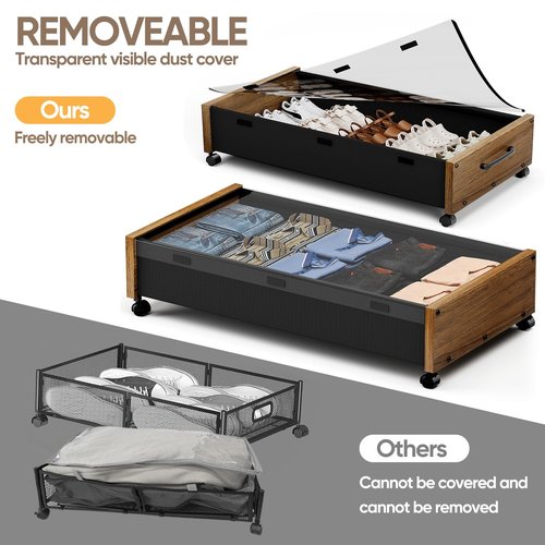 KITHELP Wooden Under Bed Storage with Wheels, Rolling Under the Bed Storage Bins with Removable Lid, Metal Under Bed Drawers for Clothes and Shoes in Bedroom or Living Room(Walnut Brown-2pack)
