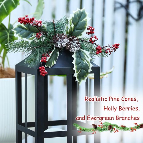 Bdor Christmas Lantern Decoration - 2 Pack with LED Flameless Candle, Pinecones & Holly Berries | Holiday Tabletop & Porch Decor