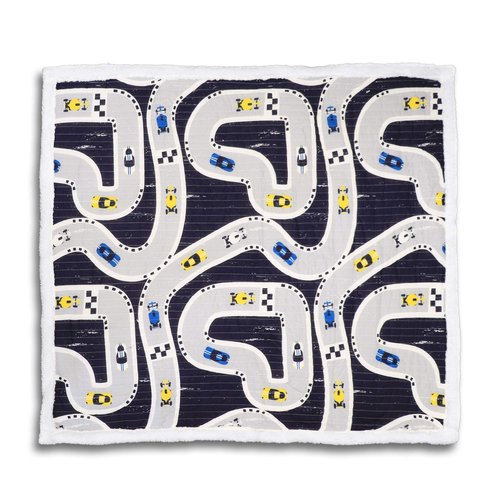 Lush Decor Car Tracks Reversible Sherpa Throw Blanket for Kids - 60” x 50”, Navy