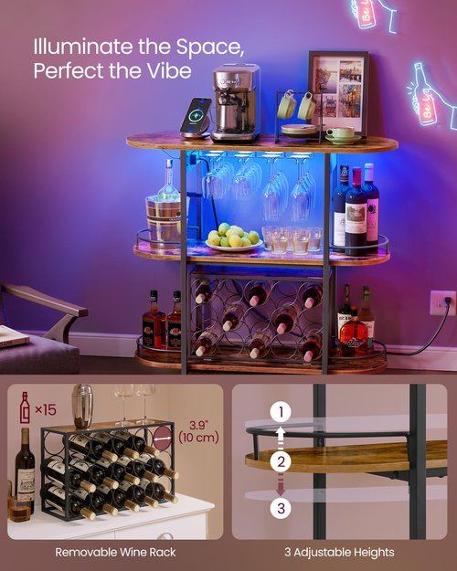 VASAGLE Bar Cabinet with LED Lights and Power Outlets, Freestanding Coffee Bar Wine Cabinet, Wine Rack, Glass Holder, Mini Bar for Liquor and Glasses, Kitchen, Dining Room, Rustic Brown ULWR007K01S