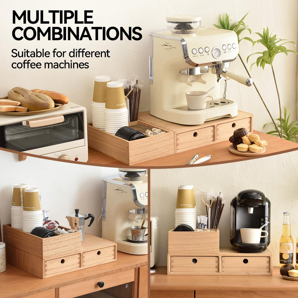 KIRIGEN Wooden Coffee Station Organizer 2-Piece Set - Coffee Bar Storage with Drawers for Sugar, Tea - Coffee Pod Holder and Accessories Organizer for Kitchen Counter Nature KFJTZ-NA