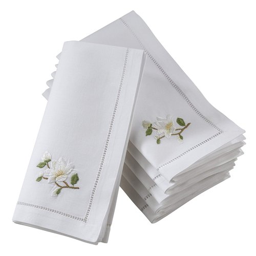 Handmade Magnolia Embroidery Napkin with Hemstitched Border (Set of 6)