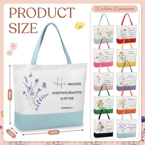 Shinylin 10 Pcs Christian Gift Inspirational Bible Verse Tote Bags Religious Gift Flowers Reusable Grocery Christmas(Single Floral)