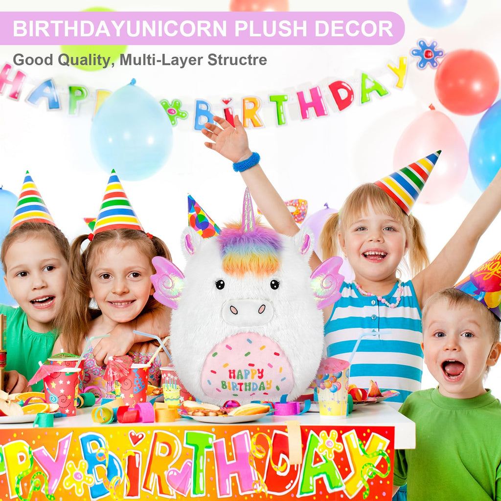 SuzziPals 17'' Happy Birthday Unicorn Plush Pillow, Soft & Squishy, White Unicorn Stuffed Animal for Cuddle, Plushie Room Decor, for Girls & Boys