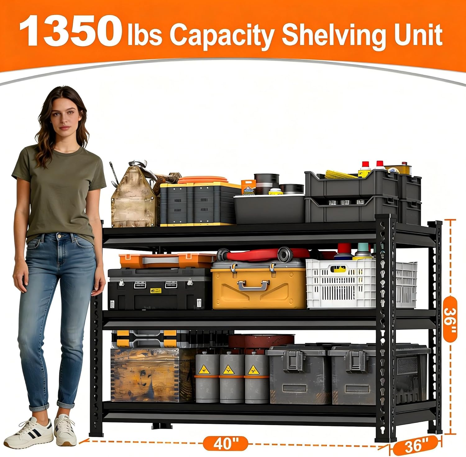 Utility Storage Garage Shelving | Heavy Duty 3-Tier Metal Shelves - 1,350 Lbs Capacity, Adjustable, Black - 40'' W x 16'' D x 36'' H
