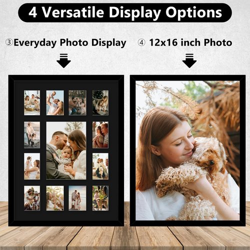 HEYTUYA 12x16 School Years Picture Frame K-12, Display One 5x7 Photo and Twelve 2.5x3.5 Pictures, Graduation Photo Collage Black Frame with Mat and Plexiglass for Wall hanging, Black Mat, Black
