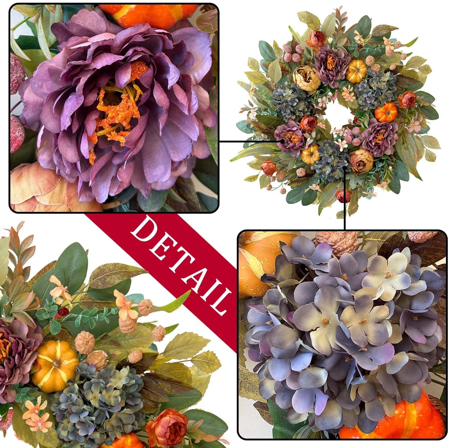 WANNA-CUL 24 Inch Fall Wreath - Blue Hydrangea & Purple Peony | Autumn Door Decoration