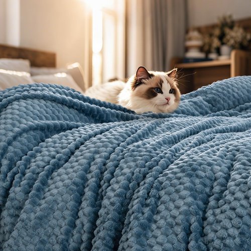 PHF Ultra Soft Flannel Fleece Blanket Queen Size, Lightweight 3D Jacquard Fleece Blanket, No Shedding, No Pilling, Luxury 340GSM Aesthetic Fluffy Cozy for Bed Room Decor, 90"x90", Denim Blue