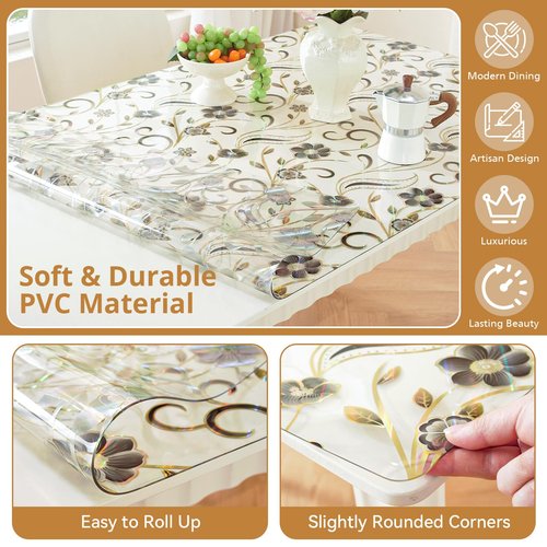 LovePads Floral Table Protector 42 x 84 Inch, 1.5mm Thick Plastic Table Cover, Waterproof Vinyl Tablecloth Rectangular Desk Protector Mat for Kitchen, Dining Room & Coffee Tabletop