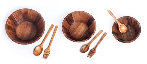 BestySuperStore Nesting Round Wood Bowls Mix Size 9½”, 8½”, 7” Stackable Acacia Wooden Bowl Set with Spoons and Forks for salad dip sauce snack rice pasta soup fruit cereal Tableware Nested Dish Sets
