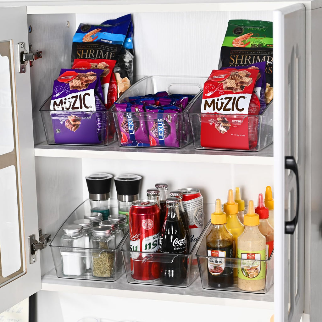 Hiitytin 4 Pack Clear Pantry Organizer Storage Bins Removable Snack Organizer Plastic Cabinet Organizers Racks with 3 Dividers, Refrigerator Bins, Kitchen Storage