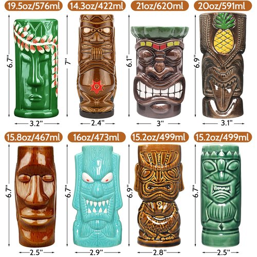 SuproBarware Tiki Mugs Set of 8 – Ceramic Hawaiian Party Drinkware, Tiki Bar Mugs for Cocktails, Premium Tropical Cups Drinks for Exotic Party