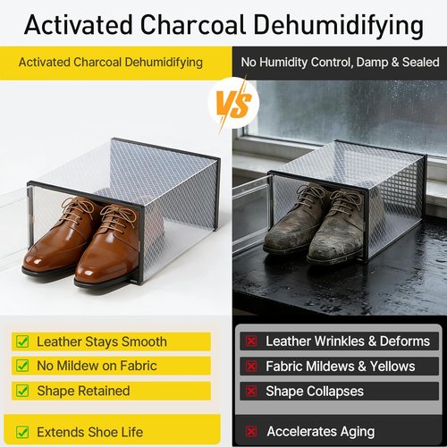 Kuject Activated Charcoal Shoe Organizer - 12 Pack XL Clear Plastic Stackable Storage Boxes | Dustproof Sneaker Display Containers for Closet & Entryway, Black