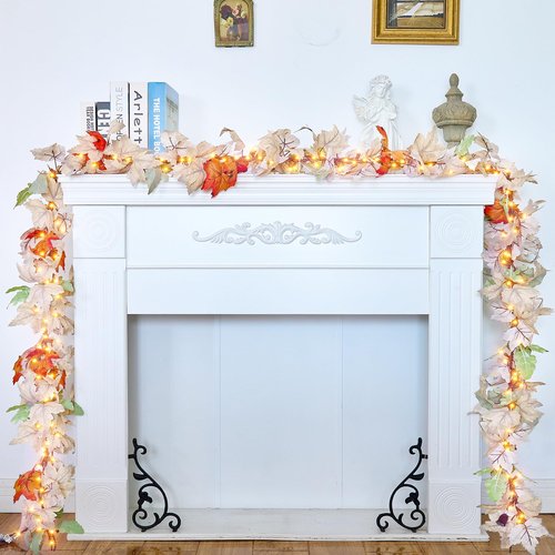 Thanksgiving Garland with Lights 9FT Plug in Thanksgiving Decorations for Home with 50 Warm Incandescent Bulbs UL Certified Connectable Lighted Fall Garland for Indoor Outdoor Harvest Decorations